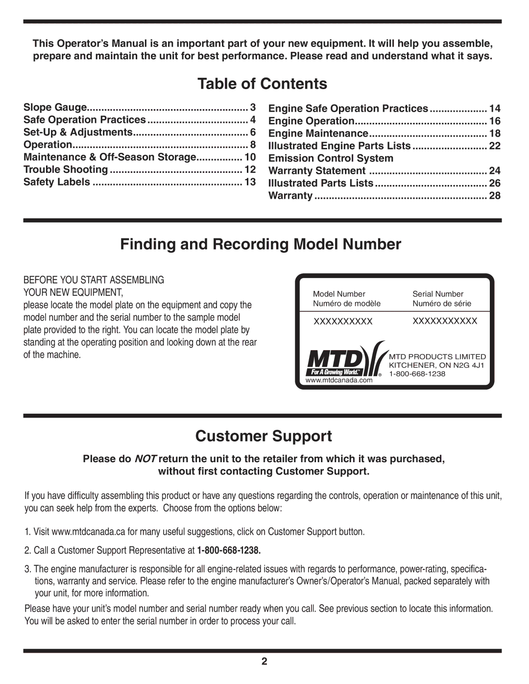 MTD Series 54M warranty Table of Contents, Finding and Recording Model Number, Customer Support 