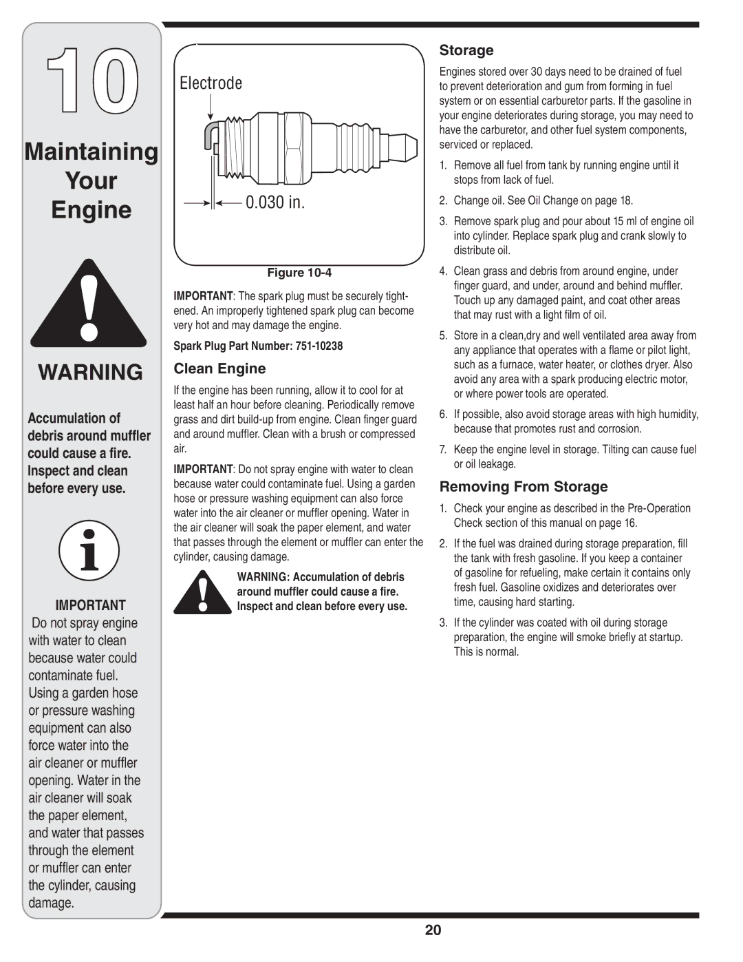 MTD Series 54M warranty Clean Engine, Removing From Storage, Spark Plug Part Number 