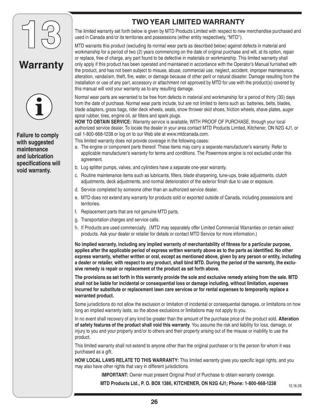 MTD Series 54M warranty TWO Year Limited Warranty 