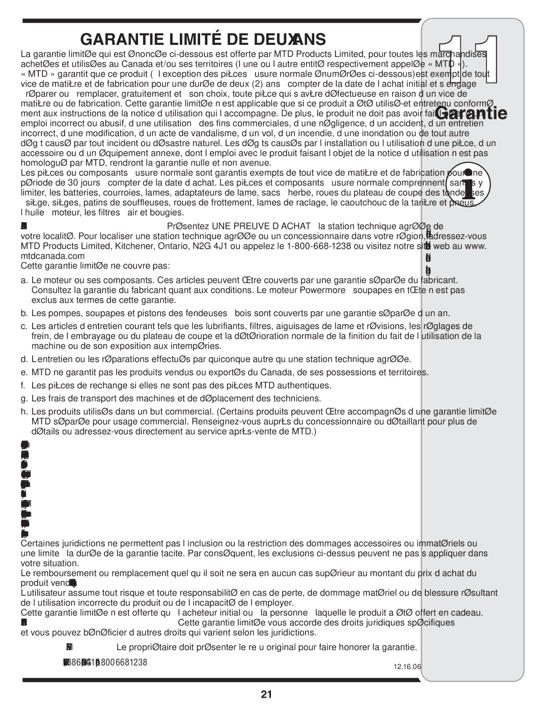 MTD Series 54M warranty ANS Deux DE Limitée Garantie 