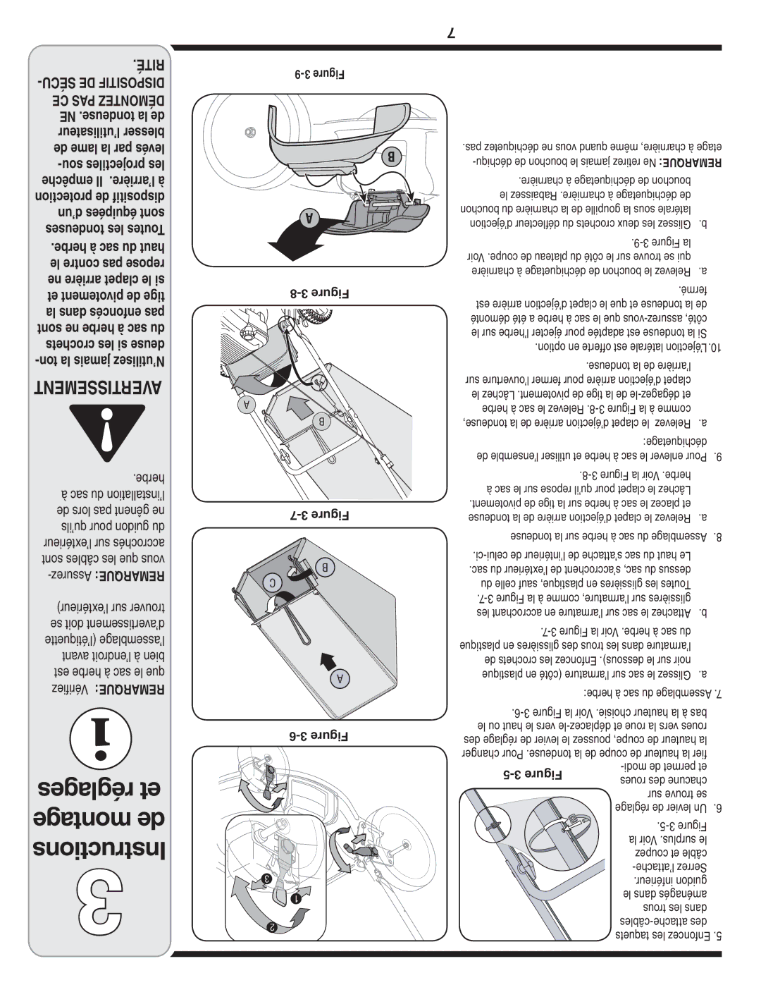 MTD Series 54M warranty Réglages et, Montage de, Instructions 