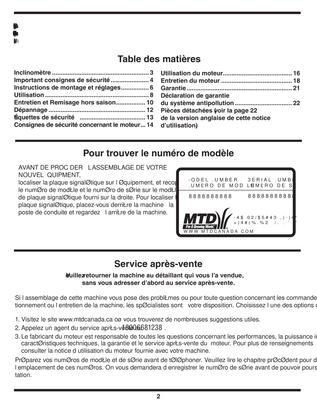 MTD Series 54M warranty Vente-après Service, Modèle de numéro le trouver Pour, Matières des Table 