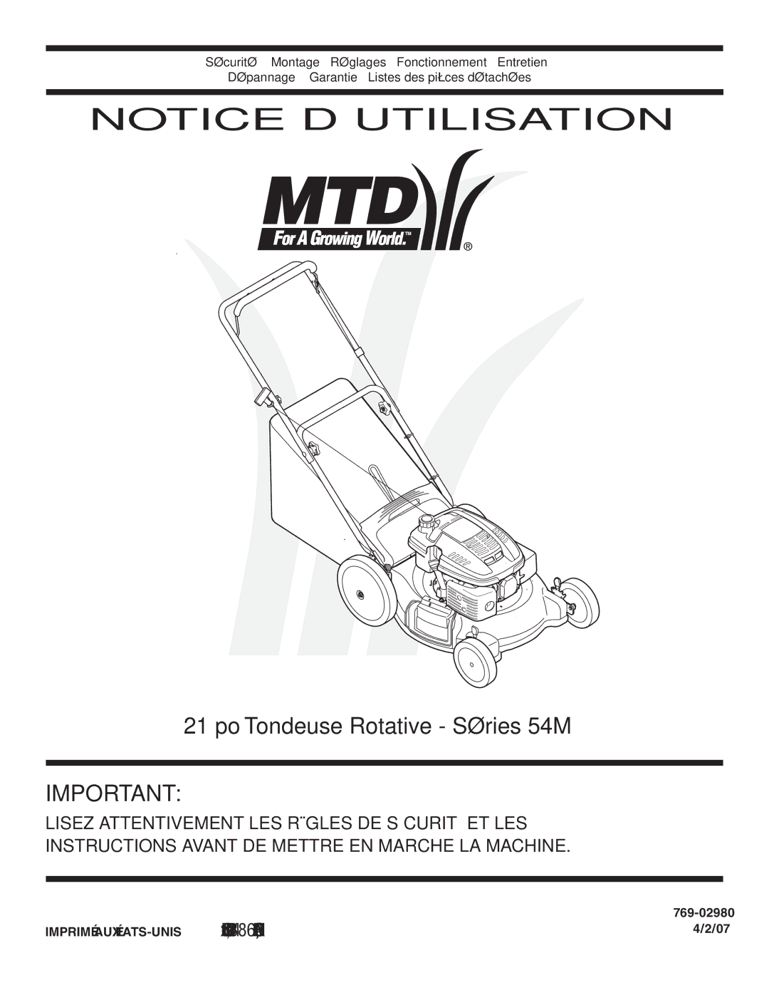 MTD Series 54M warranty ’UTILISATION Notice, Important 54M Séries Rotative Tondeuse po 