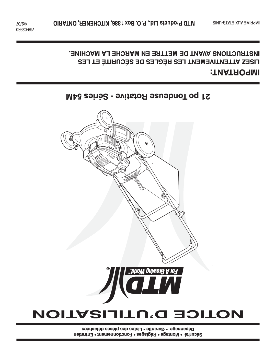 MTD Series 54M warranty D’Utilisation Notice, IMPORTANT 54M Séries - Rotative Tondeuse po 