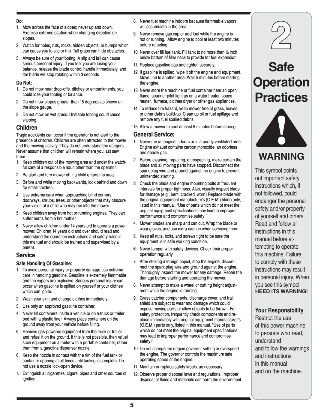 MTD Series 54M warranty Safe Operation Practices, Children, General Service, Do Not, Safe Handling Of Gasoline 