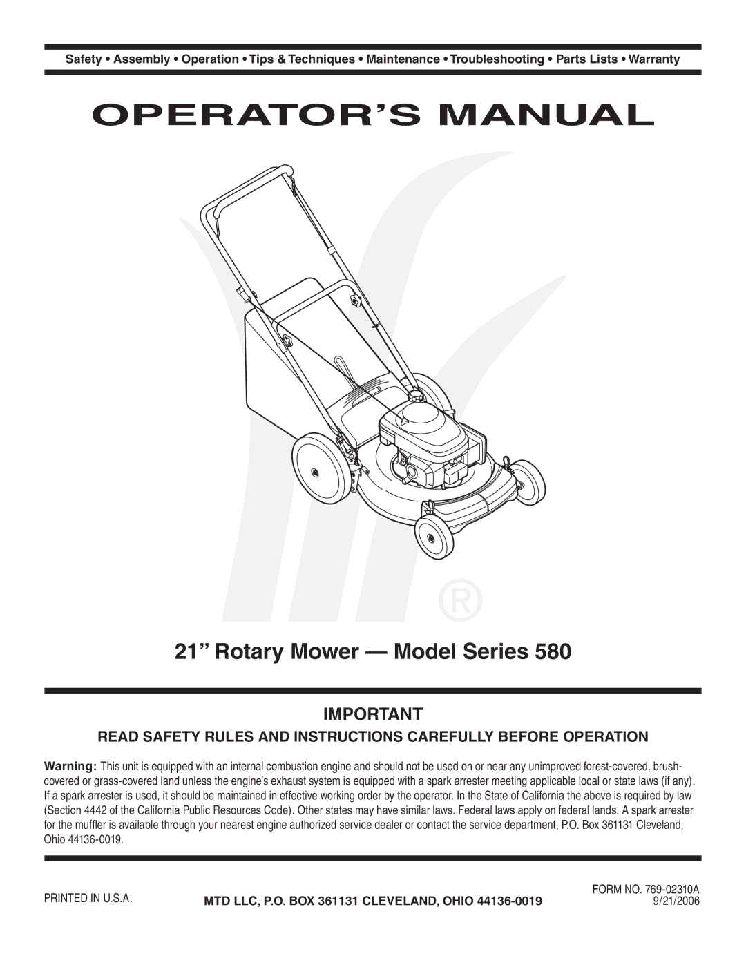 MTD Series 580 warranty Rotary Mower Model Series, 21/2006 