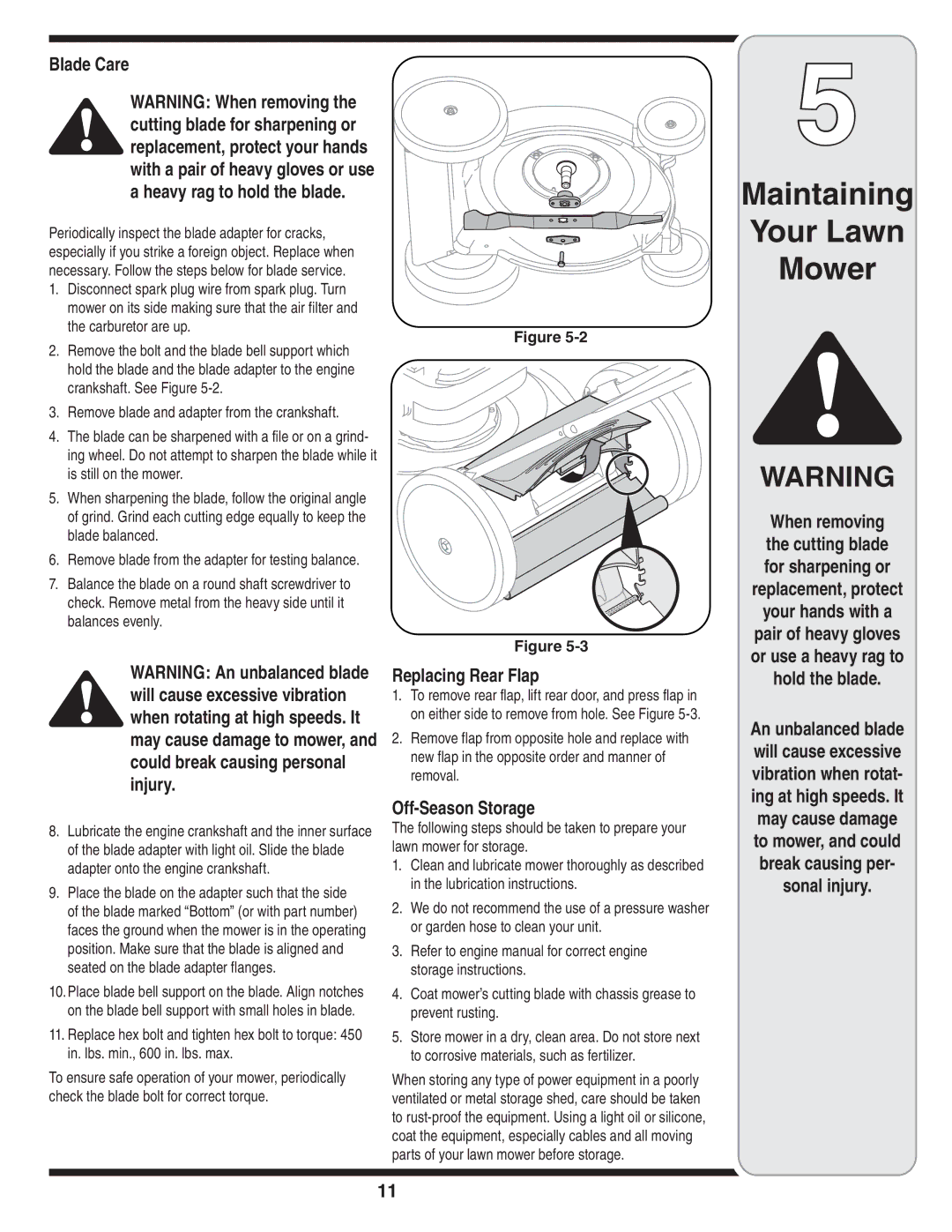 MTD Series 580 warranty Blade Care, Replacing Rear Flap, Off-Season Storage, Sonal injury 