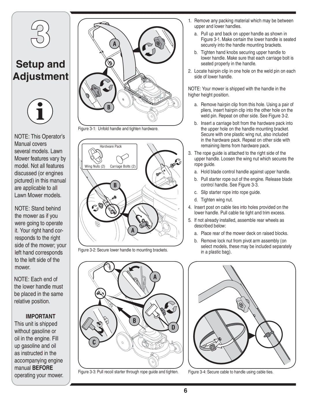 MTD Series 580 warranty Setup Adjustment, Slip starter rope into rope guide Tighten wing nut 