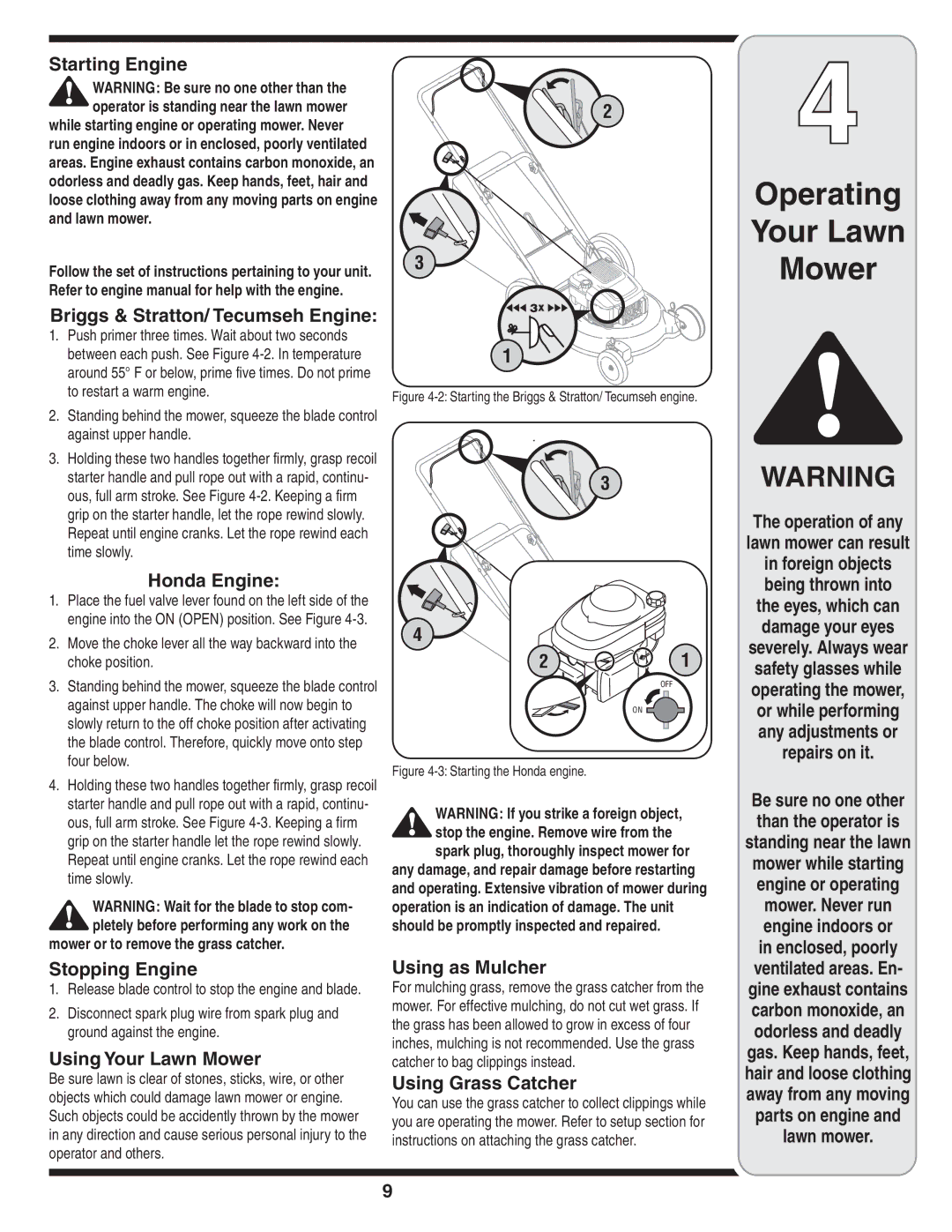 MTD Series 580 Starting Engine, Briggs & Stratton/ Tecumseh Engine, Honda Engine, Stopping Engine, Using Your Lawn Mower 