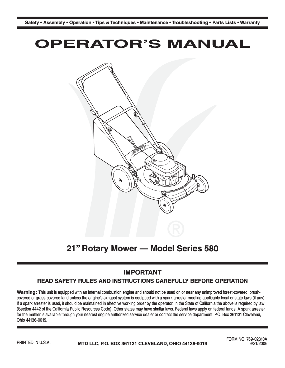 MTD Series 580 warranty Operator’S Manual, 21” Rotary Mower - Model Series, MTD LLC, P.O. BOX 361131 CLEVELAND, OHIO 