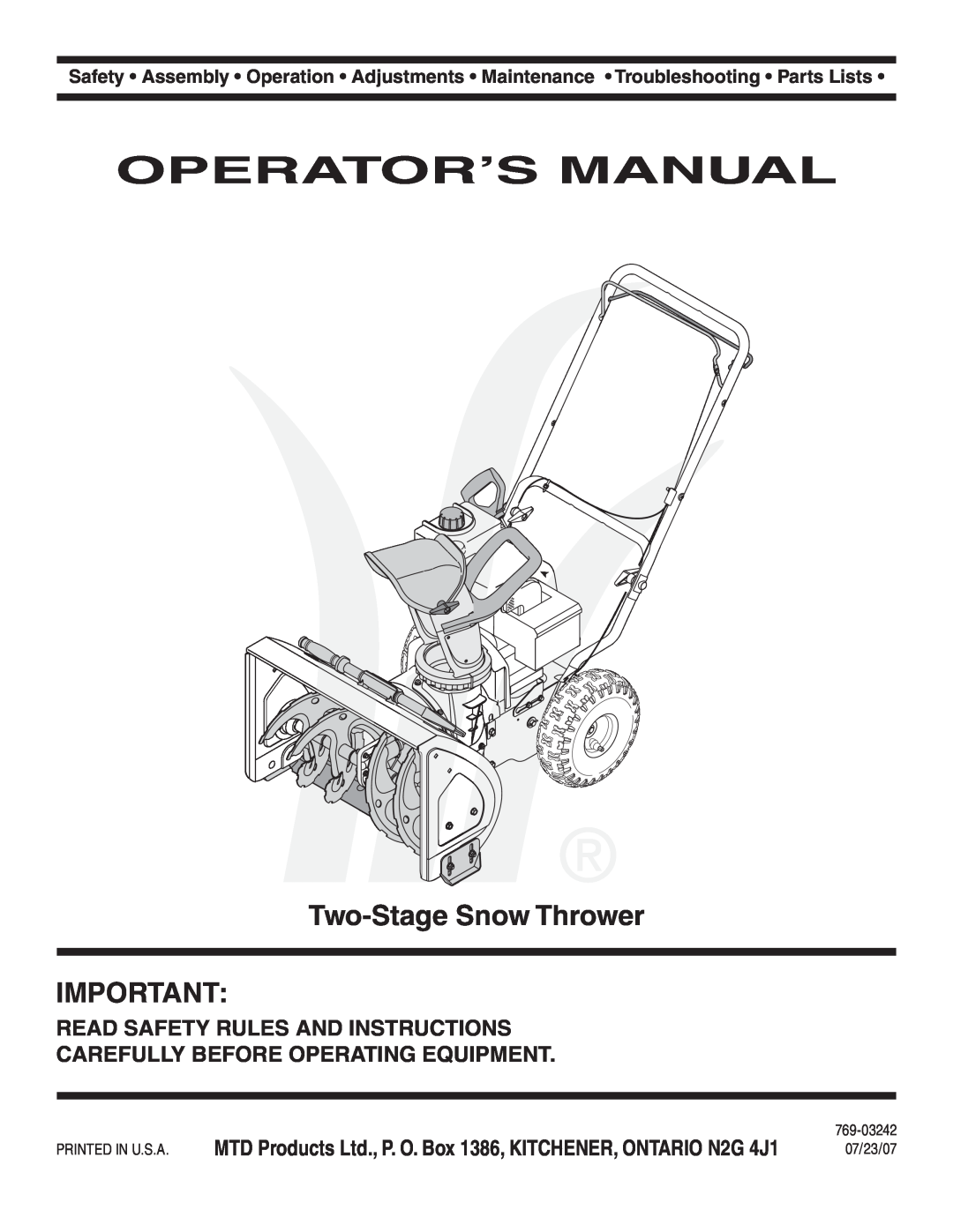 MTD Style L manual Operator’S Manual, Two-Stage Snow Thrower, Read Safety Rules And Instructions 