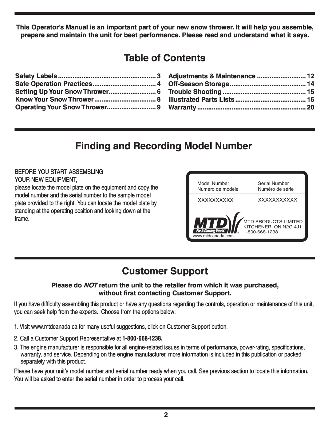 MTD Style L manual Table of Contents, Finding and Recording Model Number, Customer Support 
