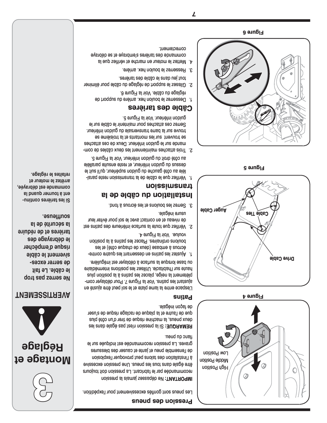 MTD Style L manual Réglage et Montage, tarières des Câble, transmission, la de câble du Installation, Avertissement, Figure 