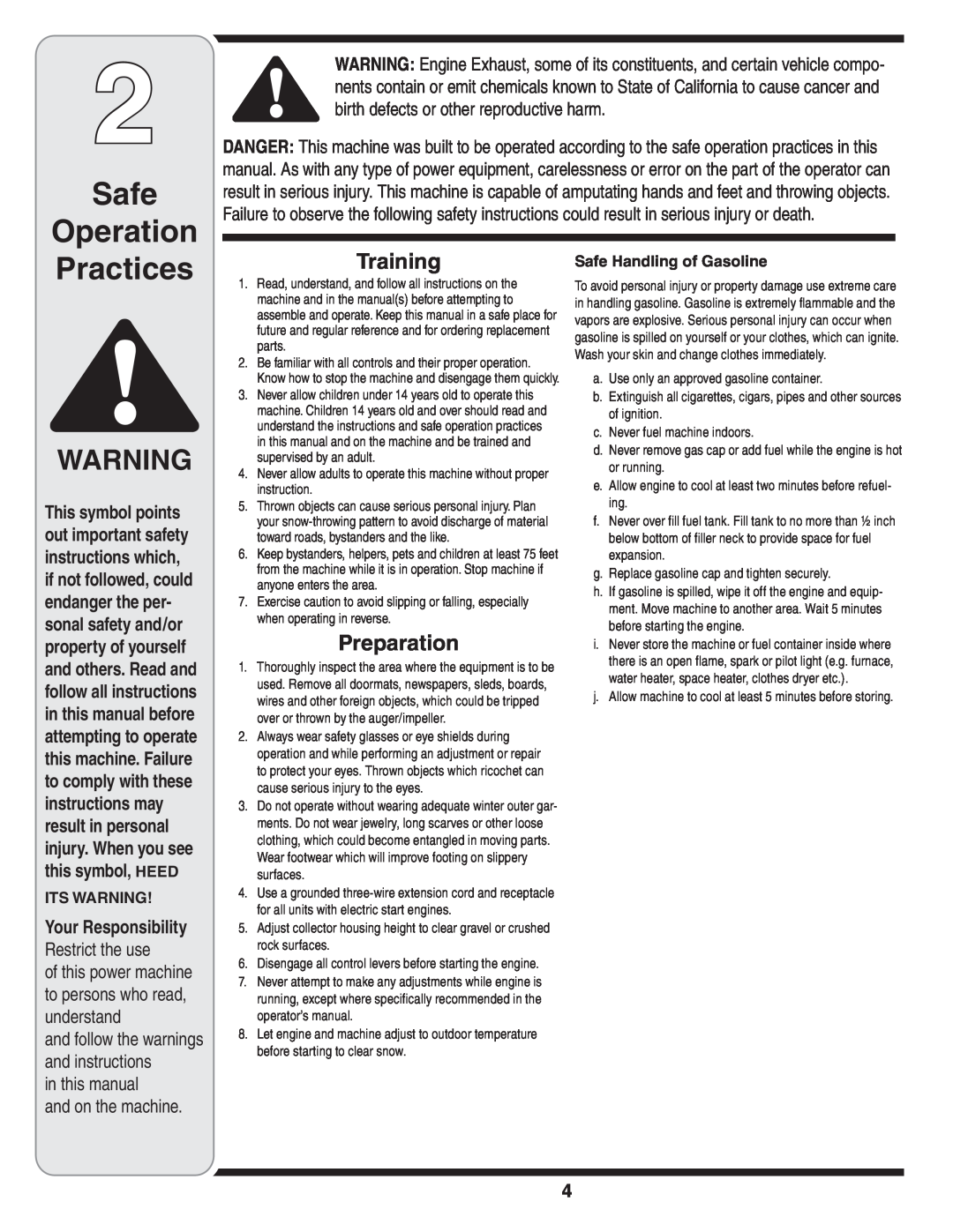 MTD Style L manual Safe Operation, Practices, Training, Preparation, Its Warning, Safe Handling of Gasoline 