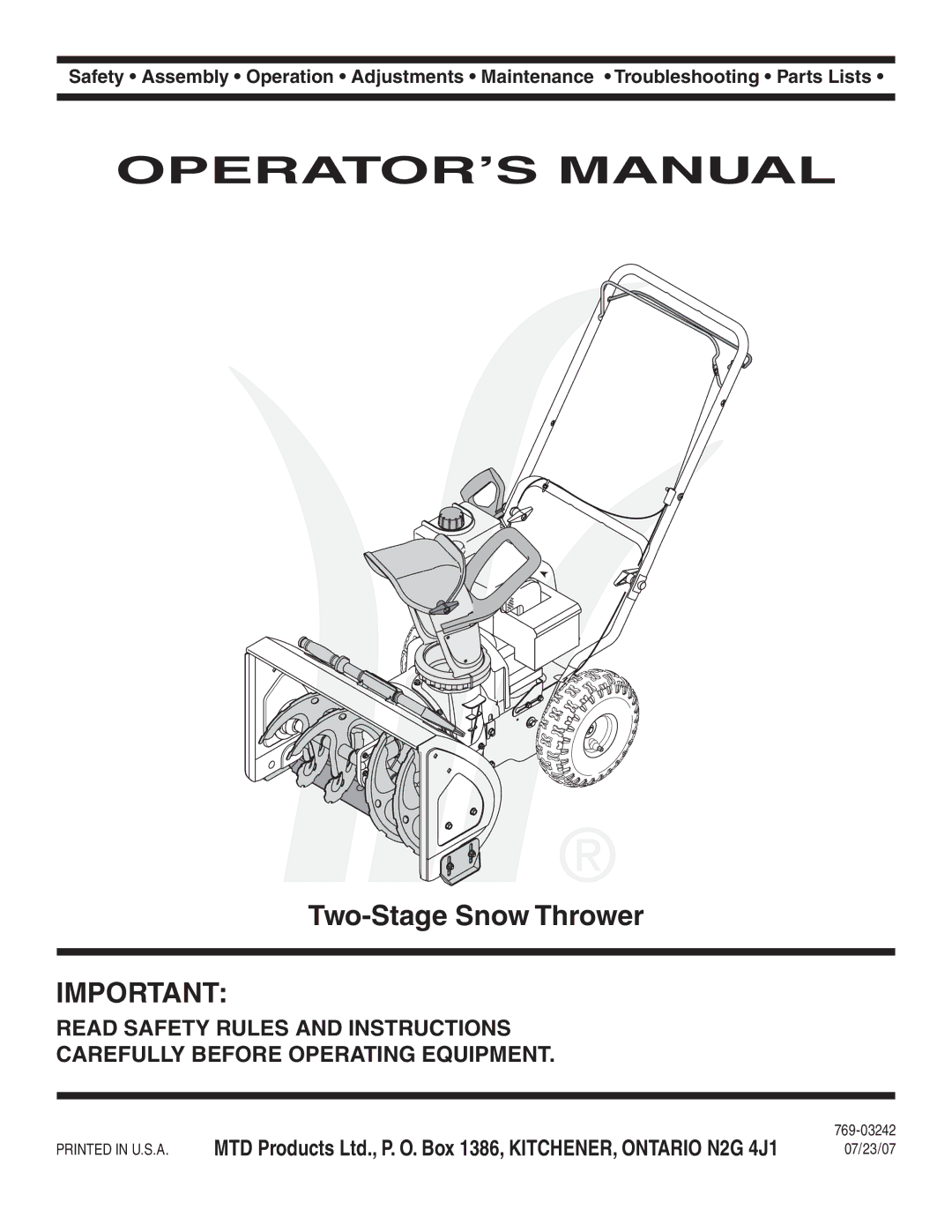 MTD Style L manual OPERATOR’S Manual 