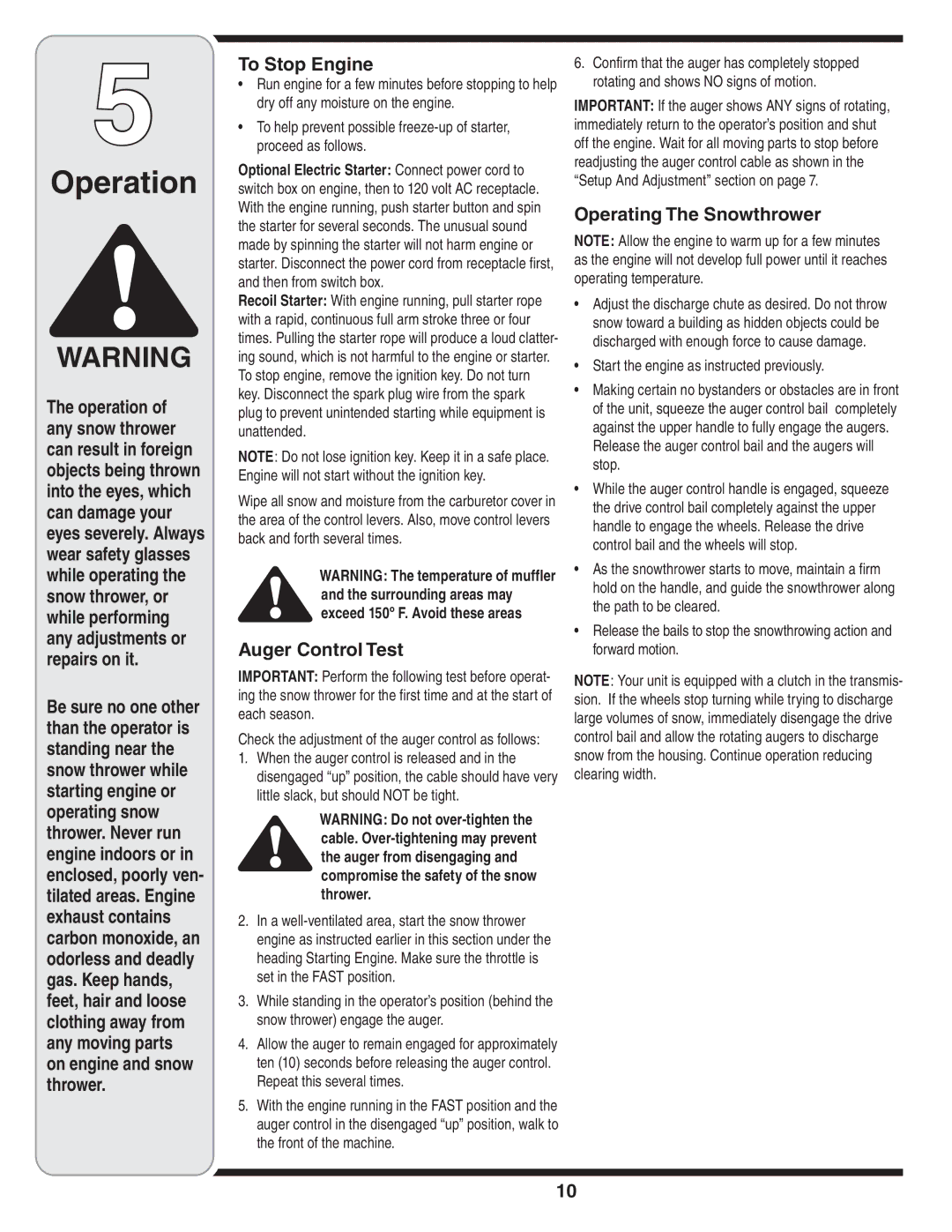 MTD Style L manual To Stop Engine, Auger Control Test, Operating The Snowthrower, Start the engine as instructed previously 