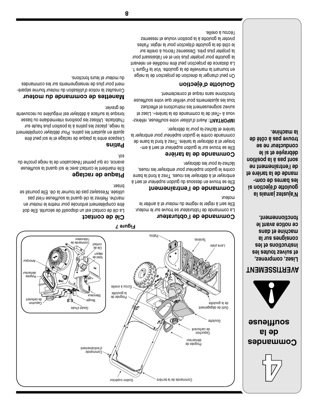 MTD Style L manual ’éjection Goulotte, Tarière la de Commande, Fonctionnement 