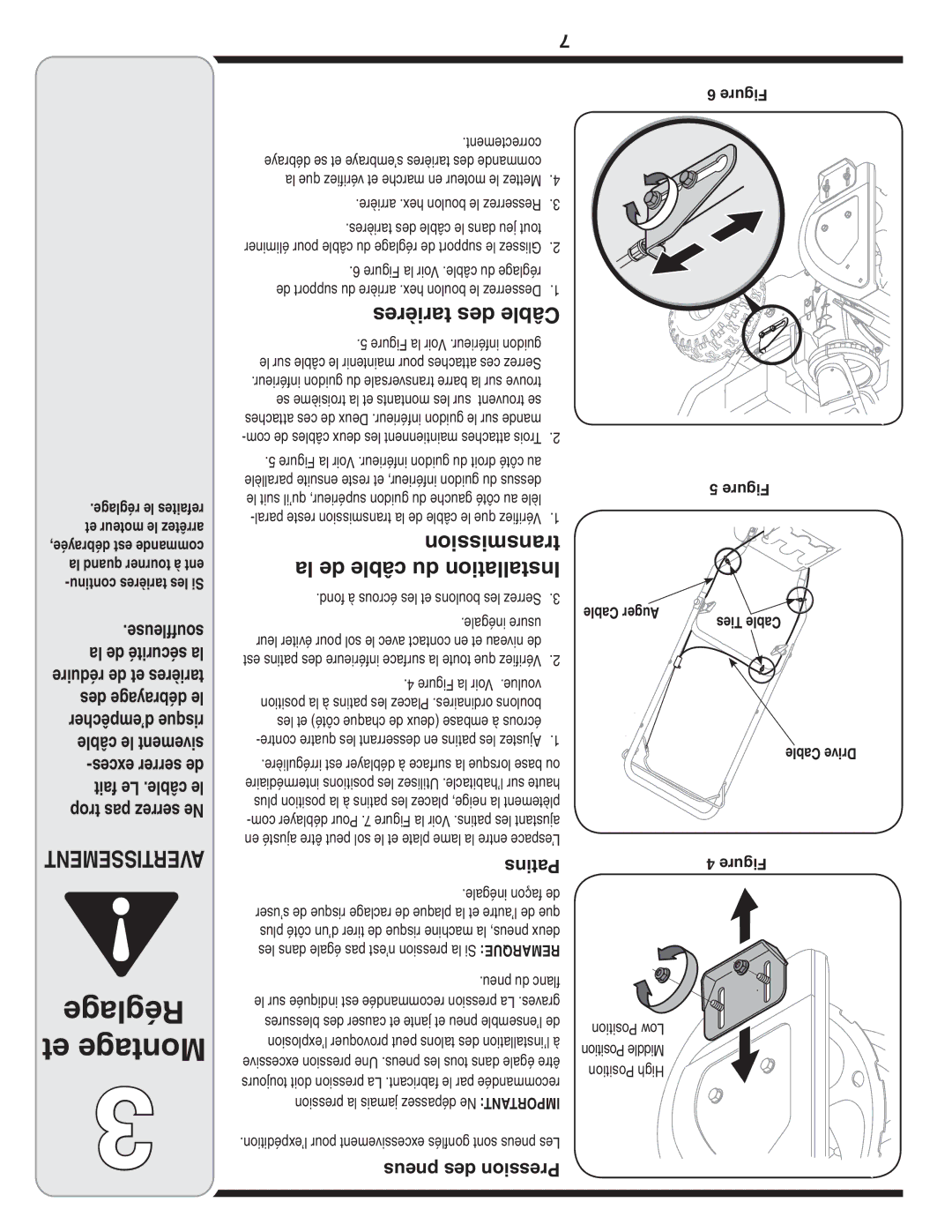 MTD Style L manual Réglage et Montage, Tarières des Câble, Transmission La de câble du Installation, Patins 