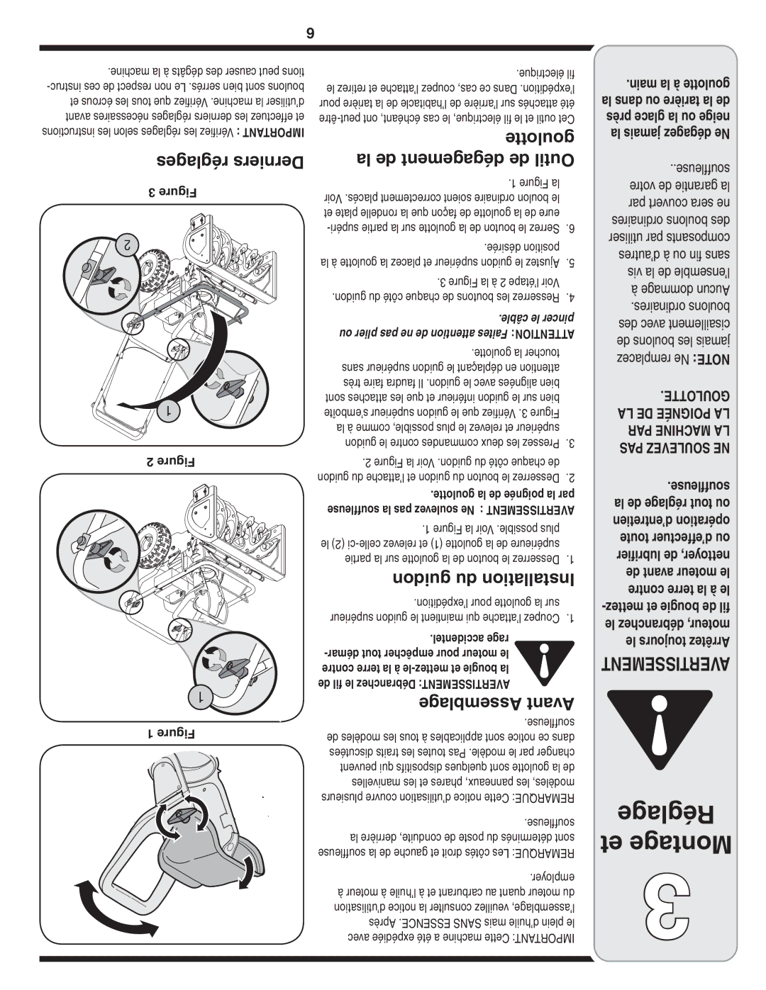 MTD Style L manual Réglages Derniers 3 Figure, La de dégagement de Outil 