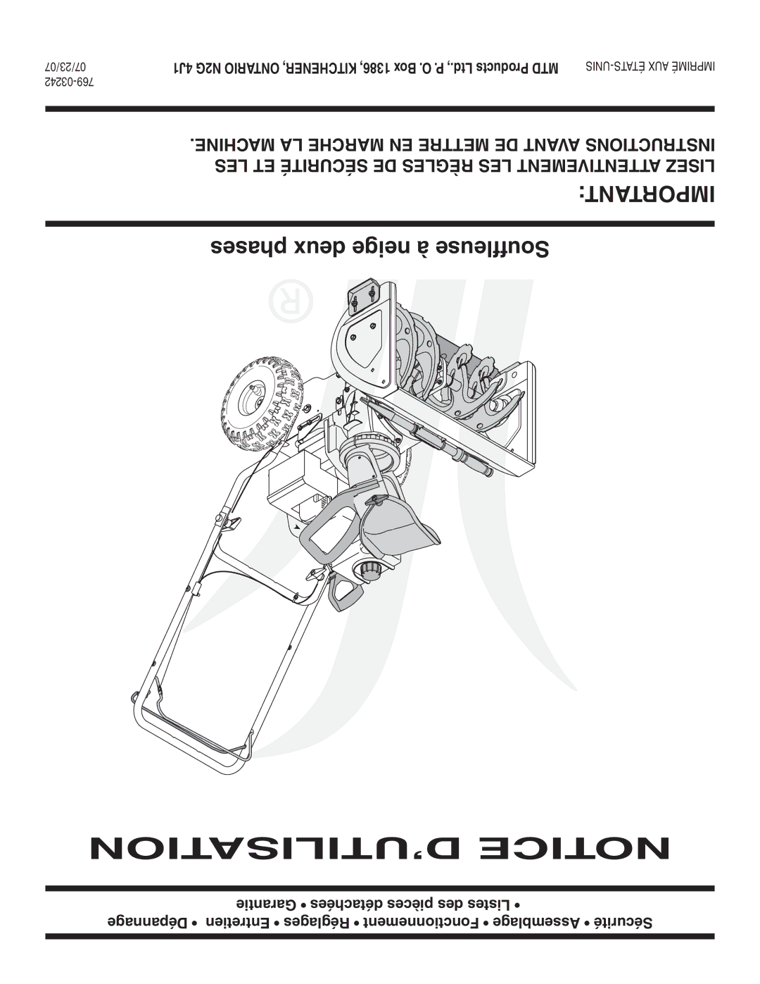 MTD Style L manual ’UTILISATION Notice, 07/23/07 03242-769 