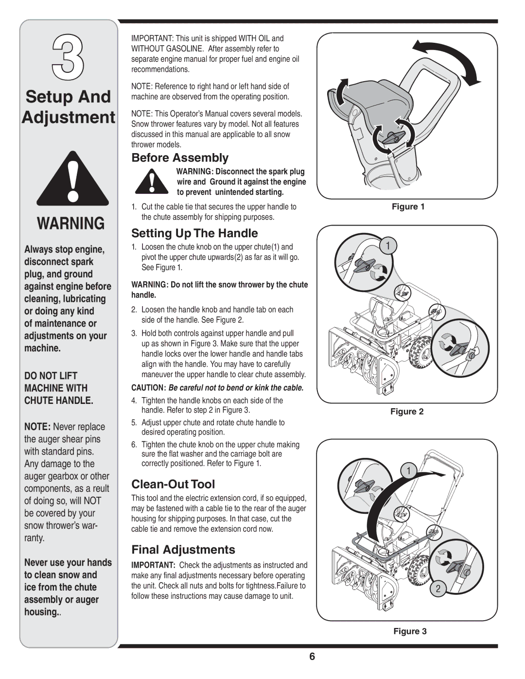 MTD Style L manual Before Assembly, Setting Up The Handle, Clean-Out Tool, Final Adjustments 