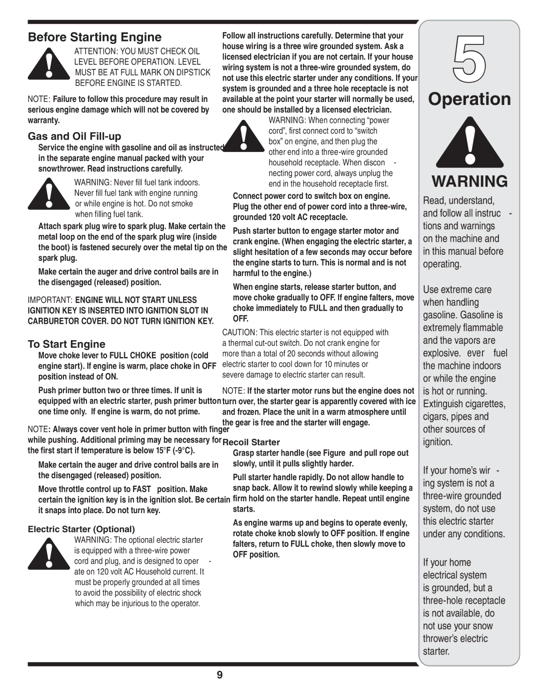 MTD Style L manual Before Starting Engine, Gas and Oil Fill-up, To Start Engine, Electric Starter Optional, Recoil Starter 