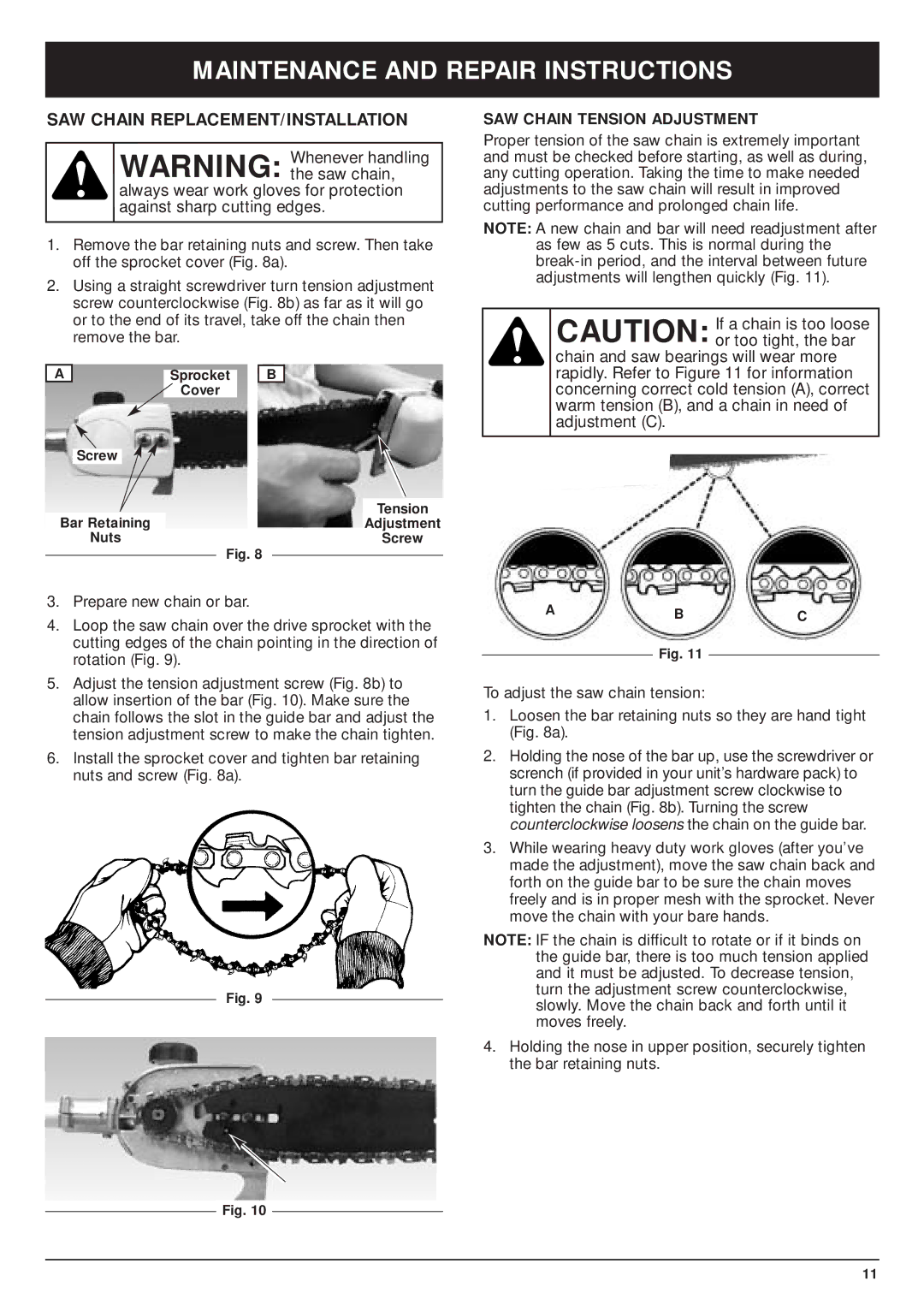 MTD TBPS manual Maintenance and Repair Instructions, SAW Chain REPLACEMENT/INSTALLATION, SAW Chain Tension Adjustment 