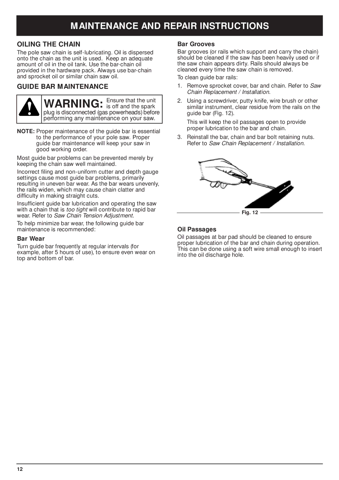 MTD TBPS manual Oiling the Chain, Guide BAR Maintenance, Bar Wear, Bar Grooves, Oil Passages 