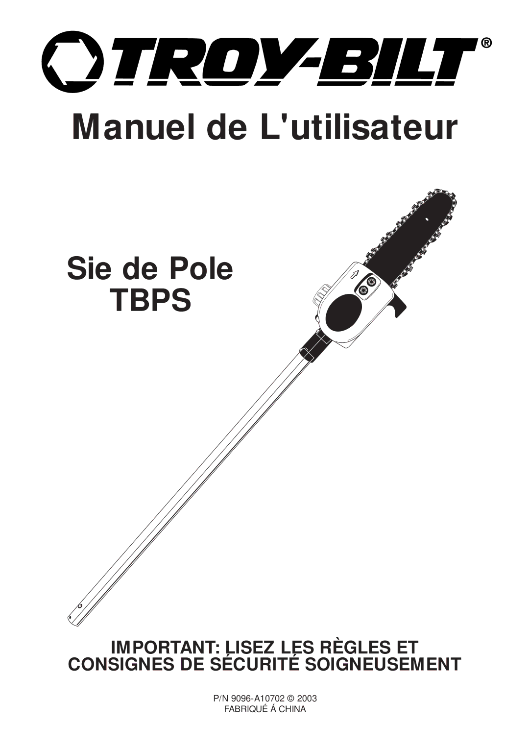 MTD TBPS manual Manuel de Lutilisateur 