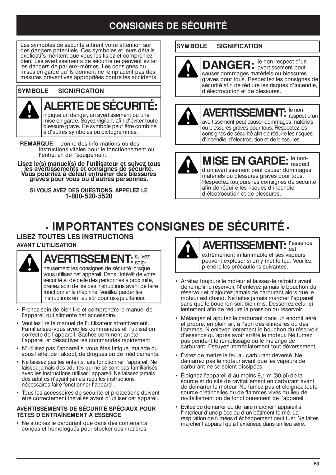 MTD TBPS manual Alerte DE Sécurité, Importantes Consignes DE Sécurité 