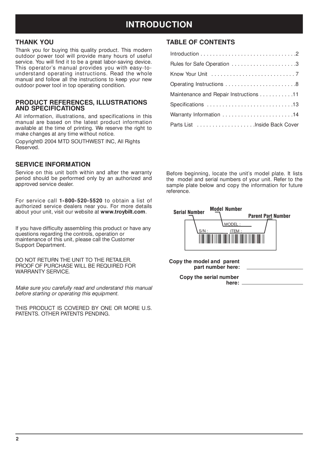 MTD TBPS manual Introduction, Thank YOU, Product REFERENCES, Illustrations and Specifications, Service Information 