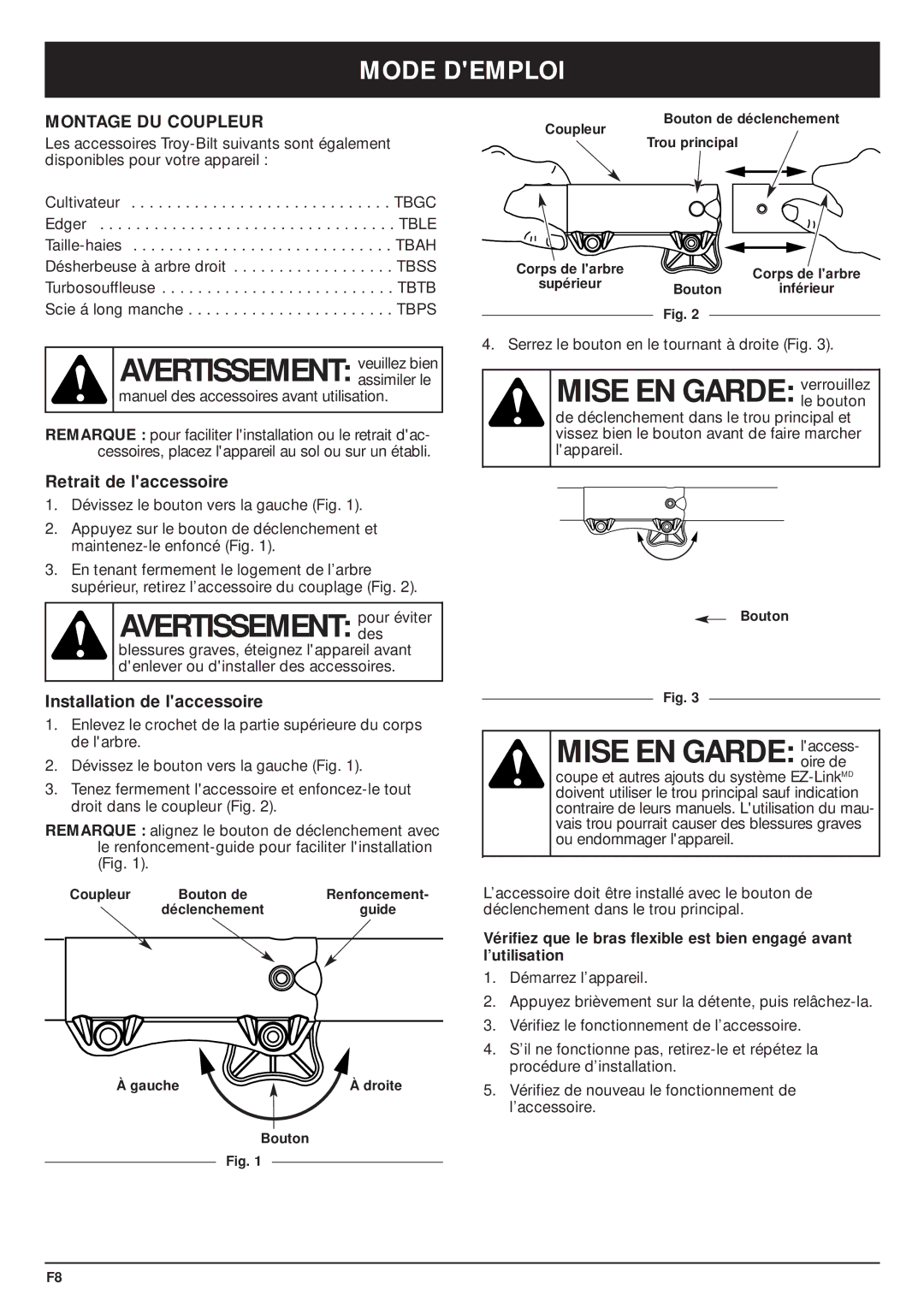 MTD TBPS Mise EN Garde laccess, Mode Demploi, Montage DU Coupleur, Retrait de laccessoire, Installation de laccessoire 