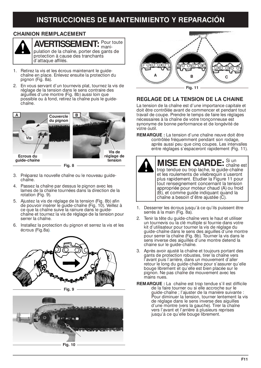 MTD TBPS manual Avertissement Pour toute, Instrucciones DE Mantenimiento Y Reparación, Chainion Remplacement 