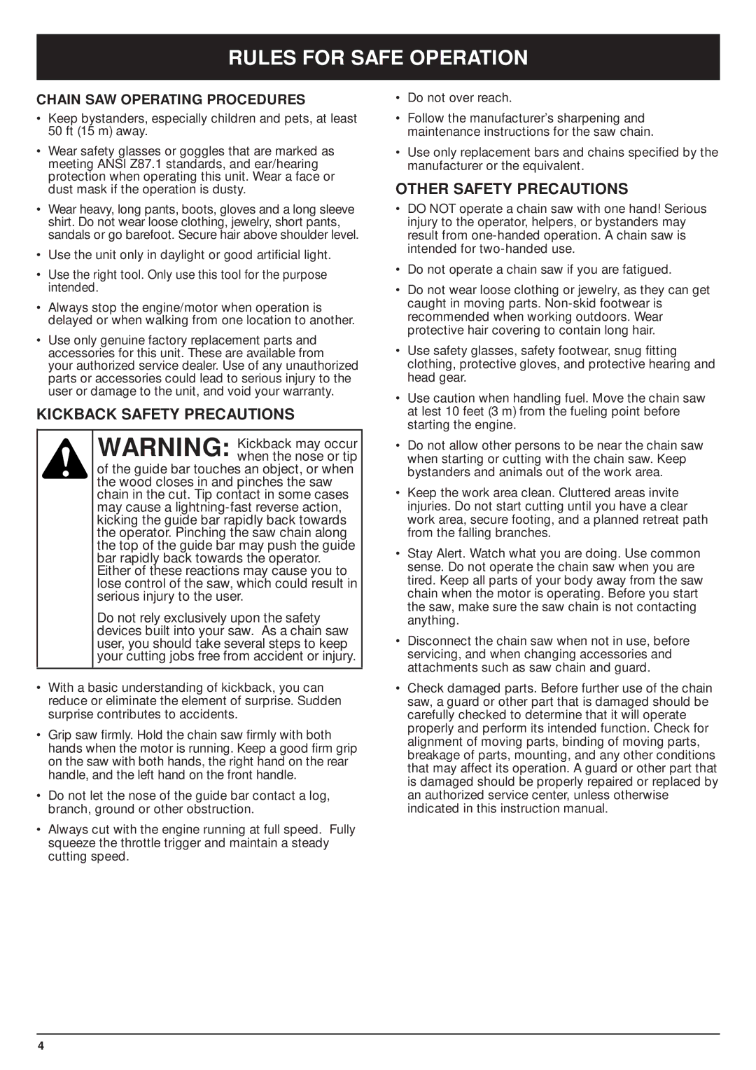 MTD TBPS manual Kickback Safety Precautions, Other Safety Precautions, Chain SAW Operating Procedures 