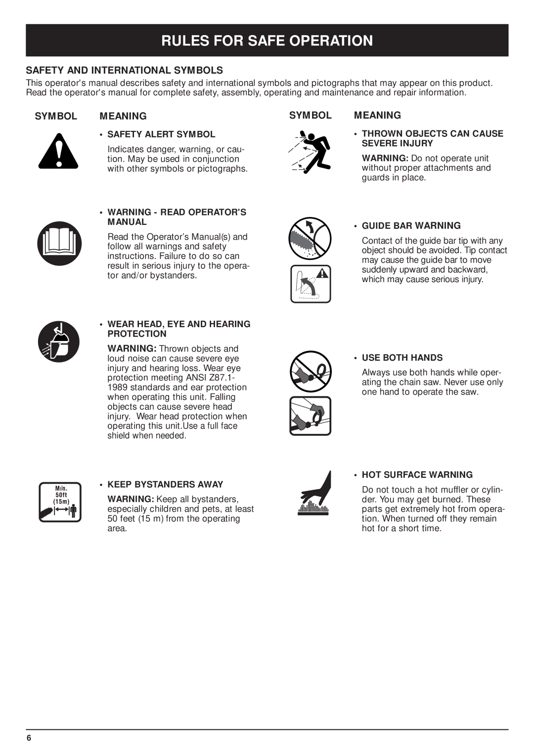 MTD TBPS manual Safety and International Symbols, Symbol Meaning, Safety Alert Symbol, USE Both Hands, HOT Surface Warning 