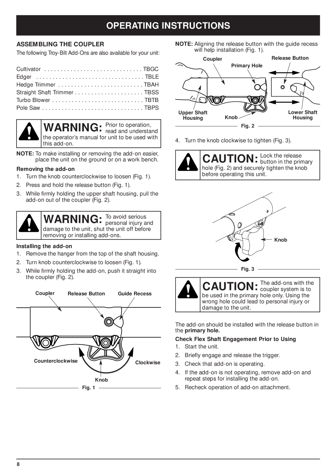 MTD TBPS manual Operating Instructions, Assembling the Coupler 