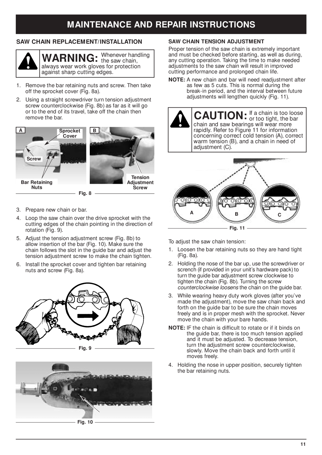 MTD TBPS Maintenance And Repair Instructions, Saw Chain Replacement/Installation, WARNING Whenever handling the saw chain 
