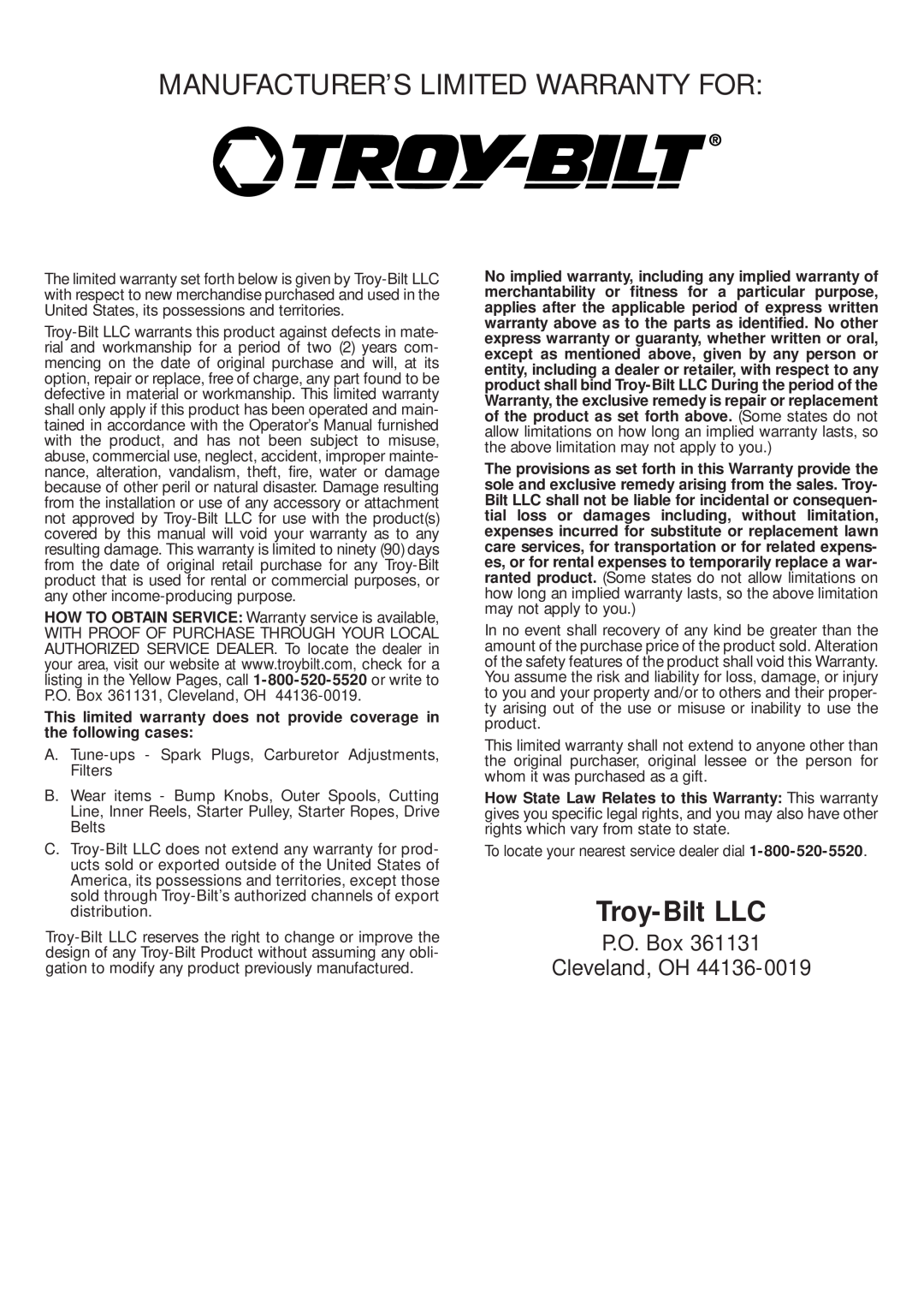MTD TBPS manual Manufacturer’S Limited Warranty For, Troy-BiltLLC, P.O. Box Cleveland, OH 