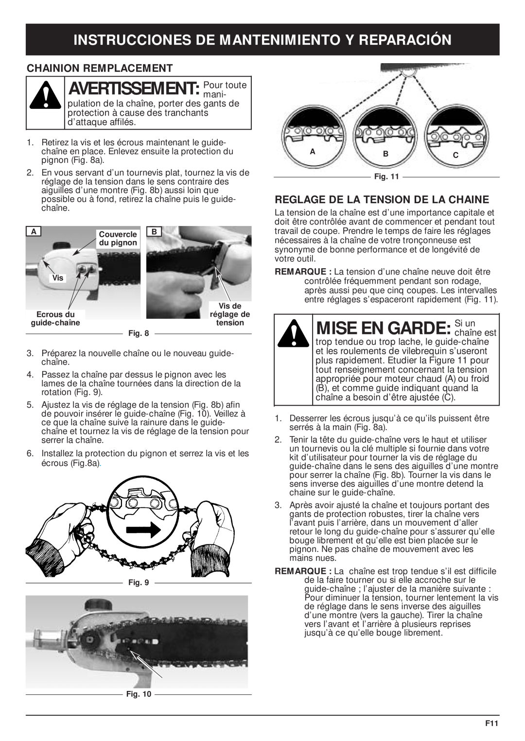 MTD TBPS manual AVERTISSEMENT Pour toute, Instrucciones De Mantenimiento Y Reparación, Chainion Remplacement, mani 