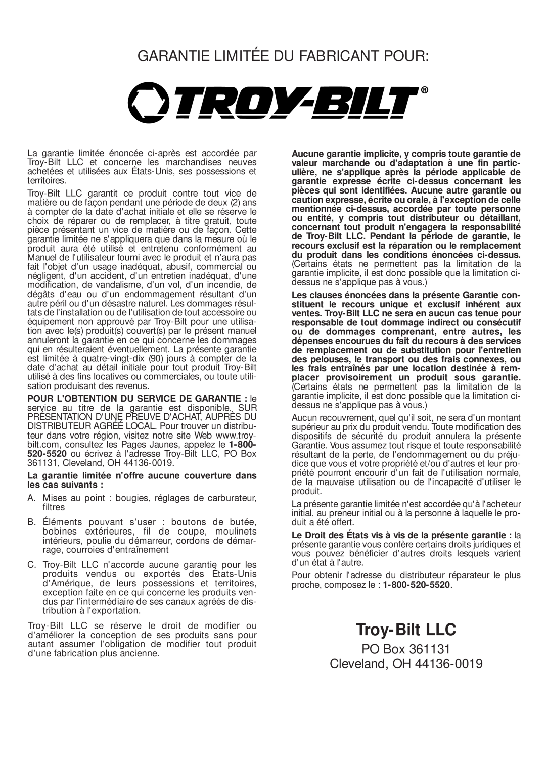 MTD TBPS manual PO Box Cleveland, OH, Troy-BiltLLC, Garantie Limitée Du Fabricant Pour 