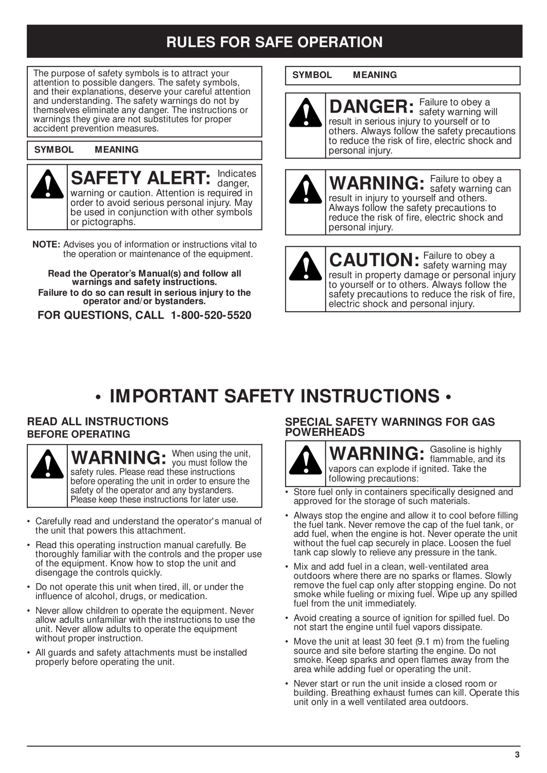 MTD TBPS manual Important Safety Instructions, Rules For Safe Operation, For Questions, Call, Read All Instructions 