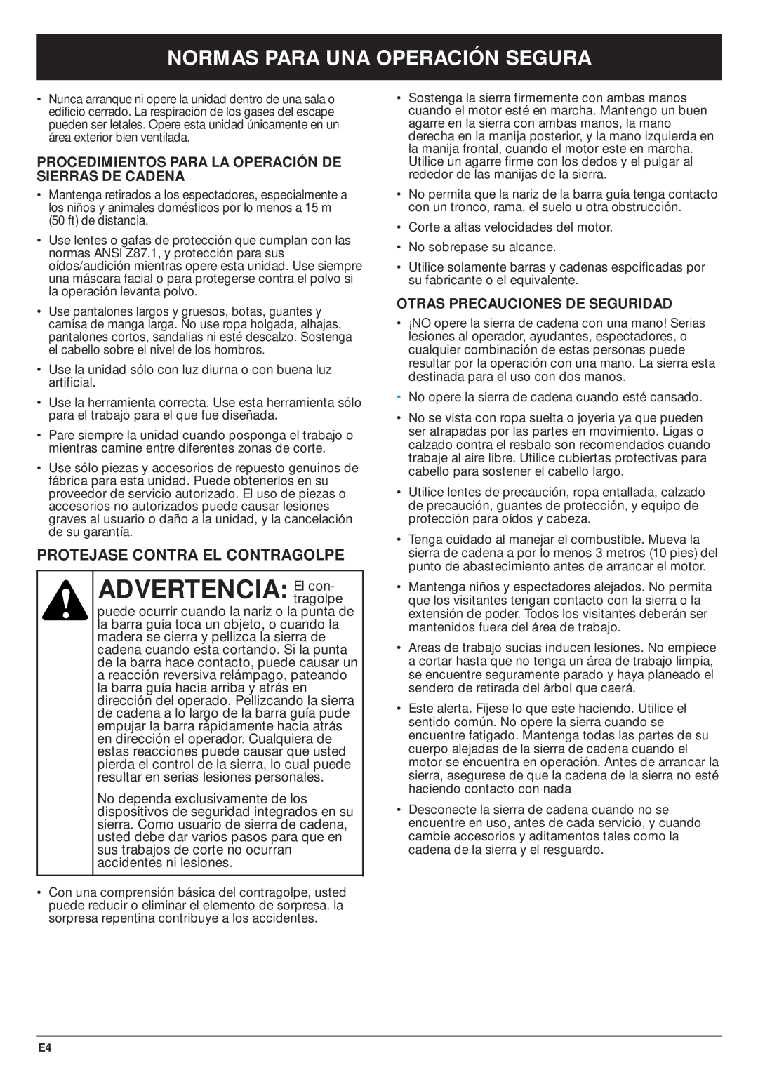 MTD TBPS manual ADVERTENCIA El con, Normas Para Una Operación Segura, Protejase Contra El Contragolpe 