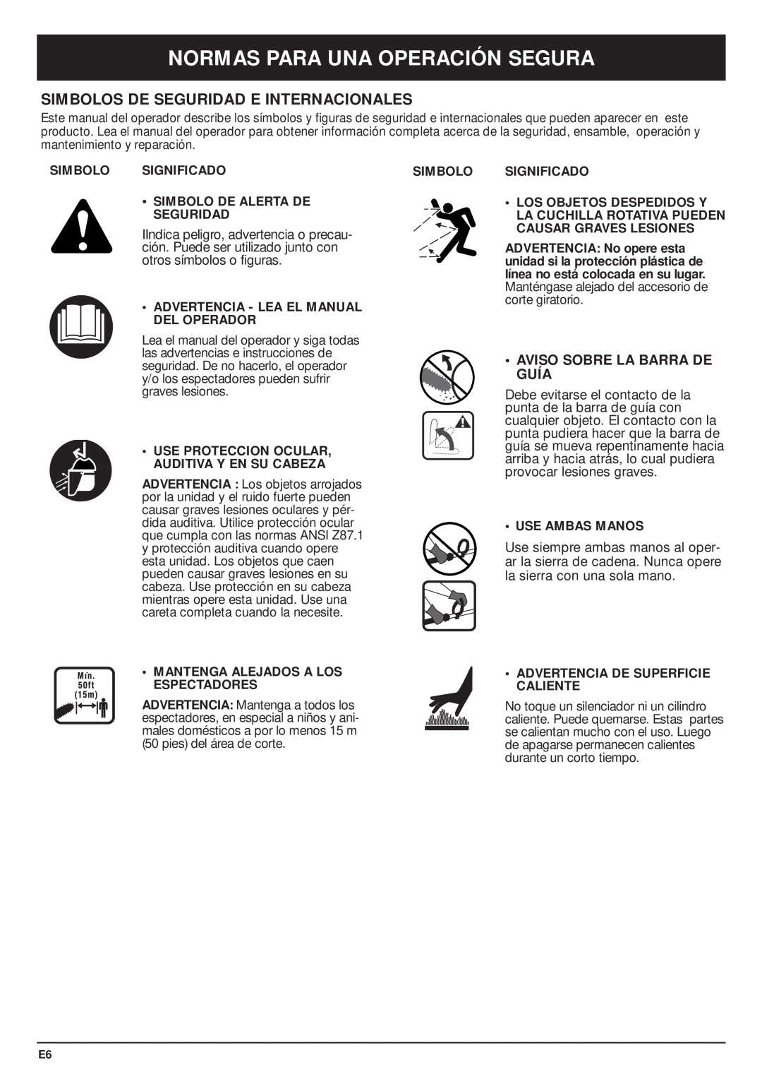 MTD TBPS manual Simbolos De Seguridad E Internacionales, Aviso Sobre La Barra De Guía, Normas Para Una Operación Segura 
