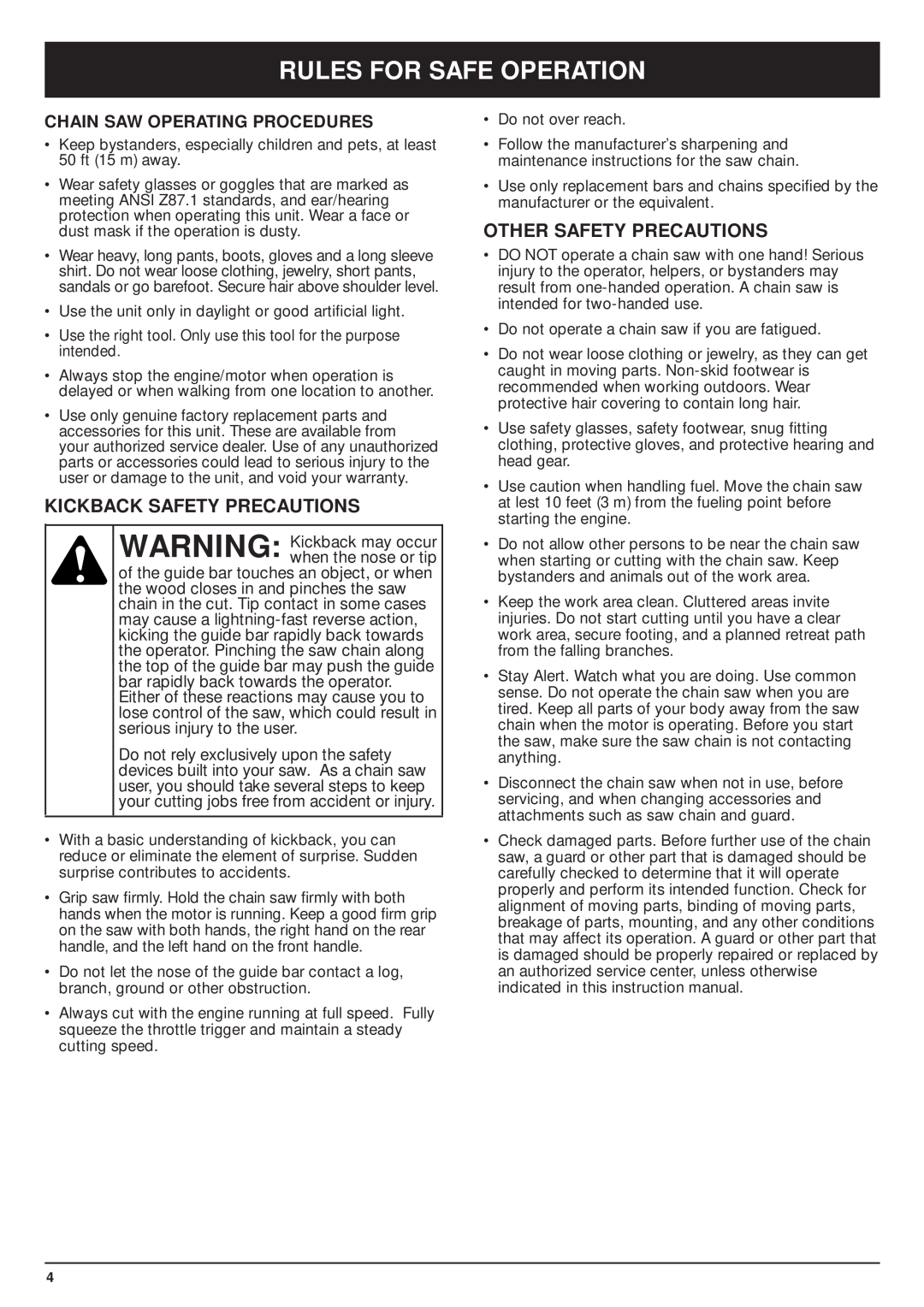 MTD TBPS Kickback Safety Precautions, Other Safety Precautions, Chain Saw Operating Procedures, Rules For Safe Operation 
