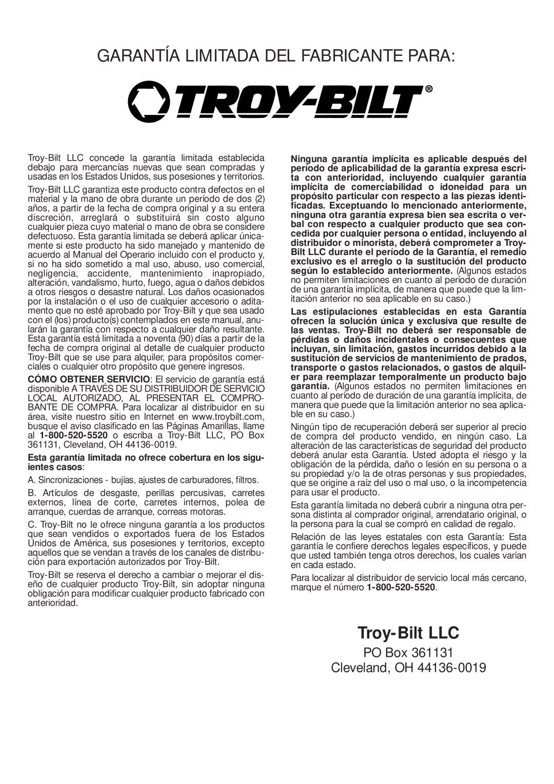 MTD TBPS manual Garantía Limitada Del Fabricante Para, Troy-BiltLLC, PO Box Cleveland, OH 