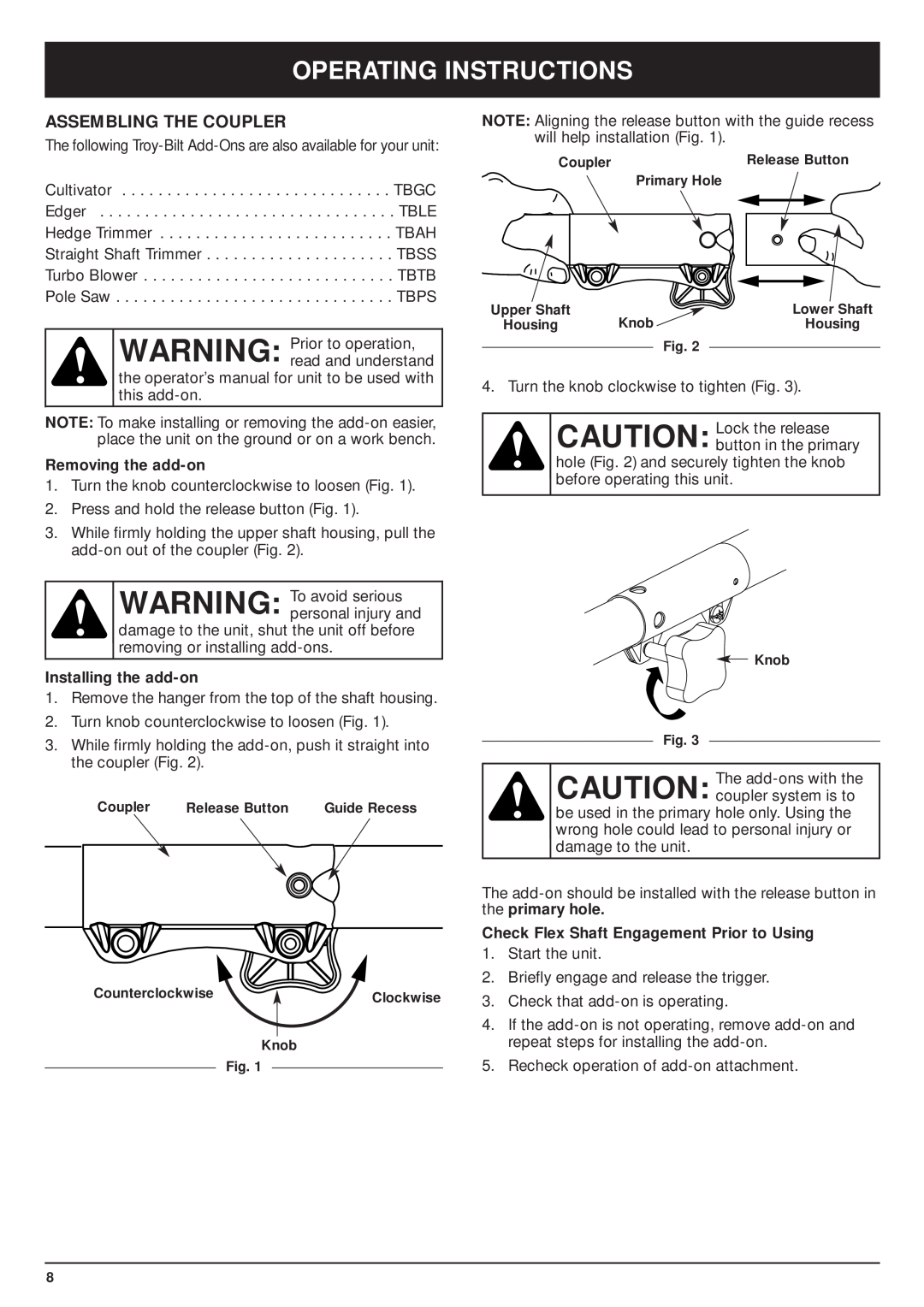 MTD TBPS manual Operating Instructions, Assembling The Coupler, Removing the add-on, Installing the add-on 