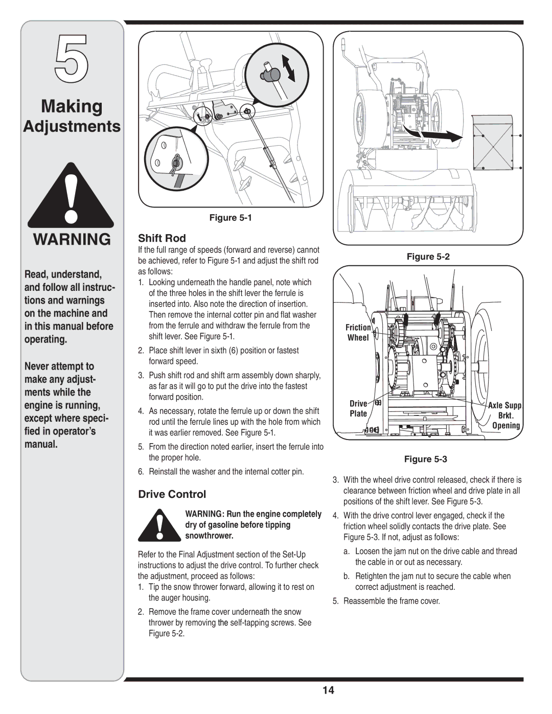 MTD Troy-Bilt warranty Making, Adjustments, Shift Rod, Drive Control, Reassemble the frame cover 