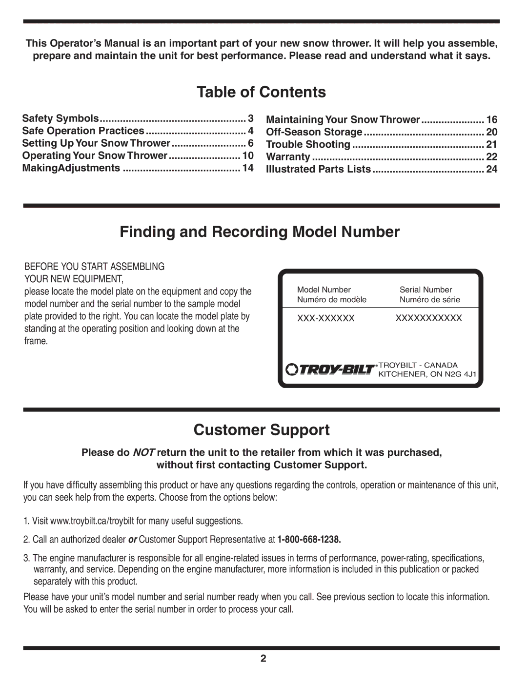 MTD Troy-Bilt warranty Table of Contents, Finding and Recording Model Number, Customer Support 