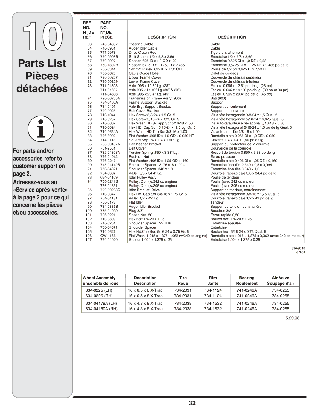 MTD Troy-Bilt warranty 29.08, Description Roue Jante Roulement Soupape dair 