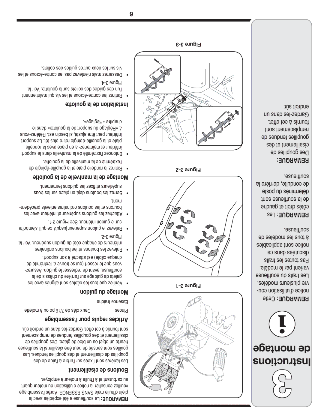 MTD Troy-Bilt warranty Goulotte la de Installation, Goulotte la de manivelle la de Montage, Guidon du Montage 